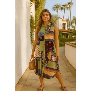 Anthropologie patchwork‎ sleeveless shirt midi dress size 0 boho vacation